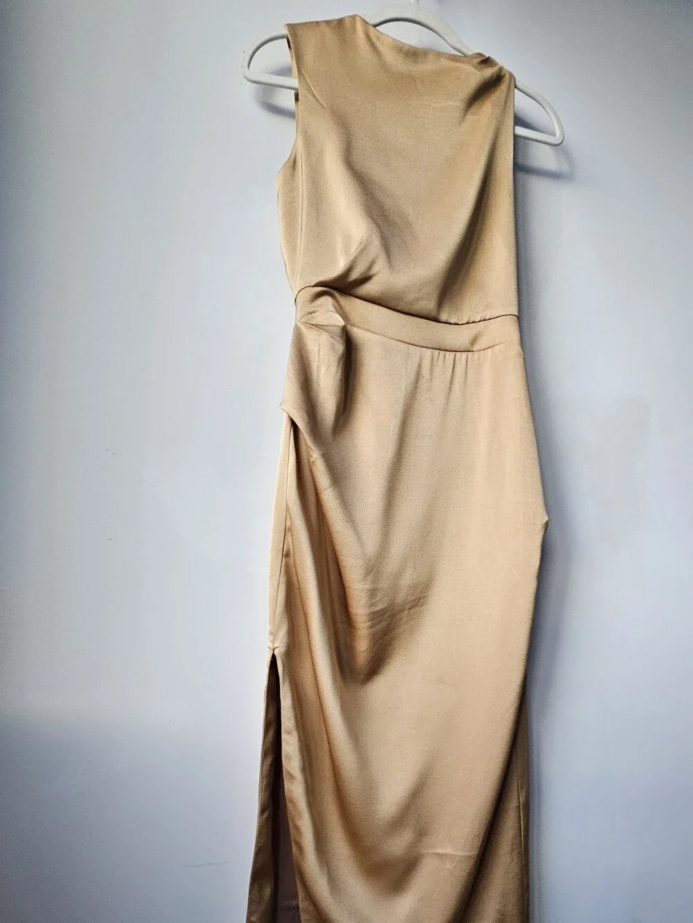 Friend Of Audrey Australia Gold Rouched Satin Asymmetric Sleeveless Midi Dress